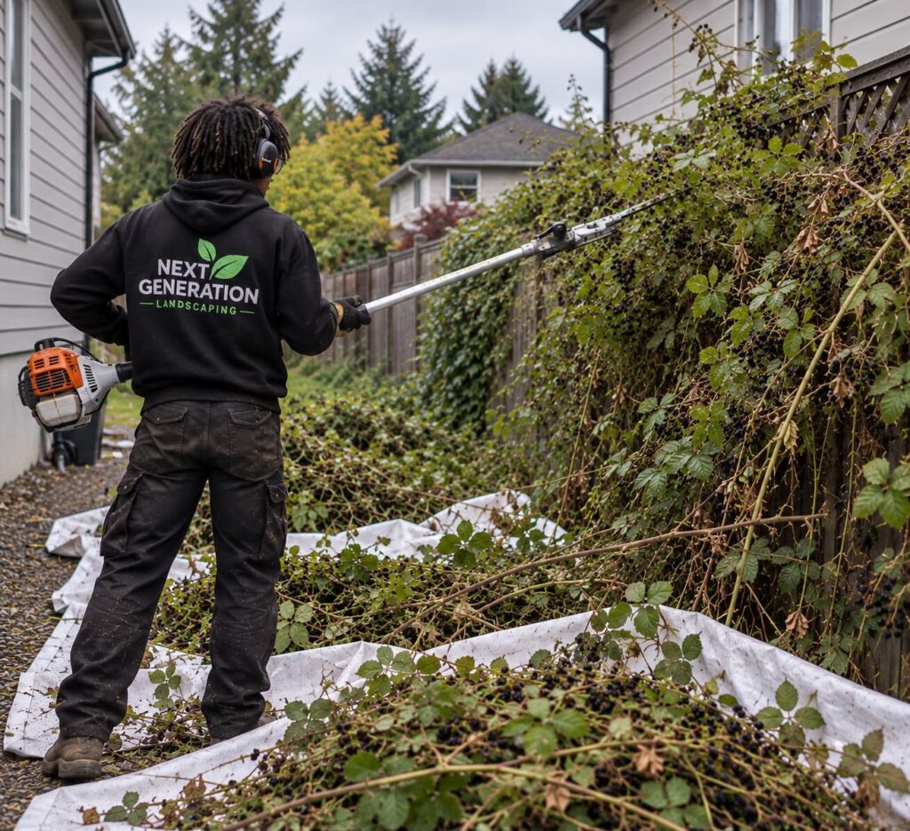 Crew member cutting back an overgrown blackberry bramble along a fence with a pole trimmer