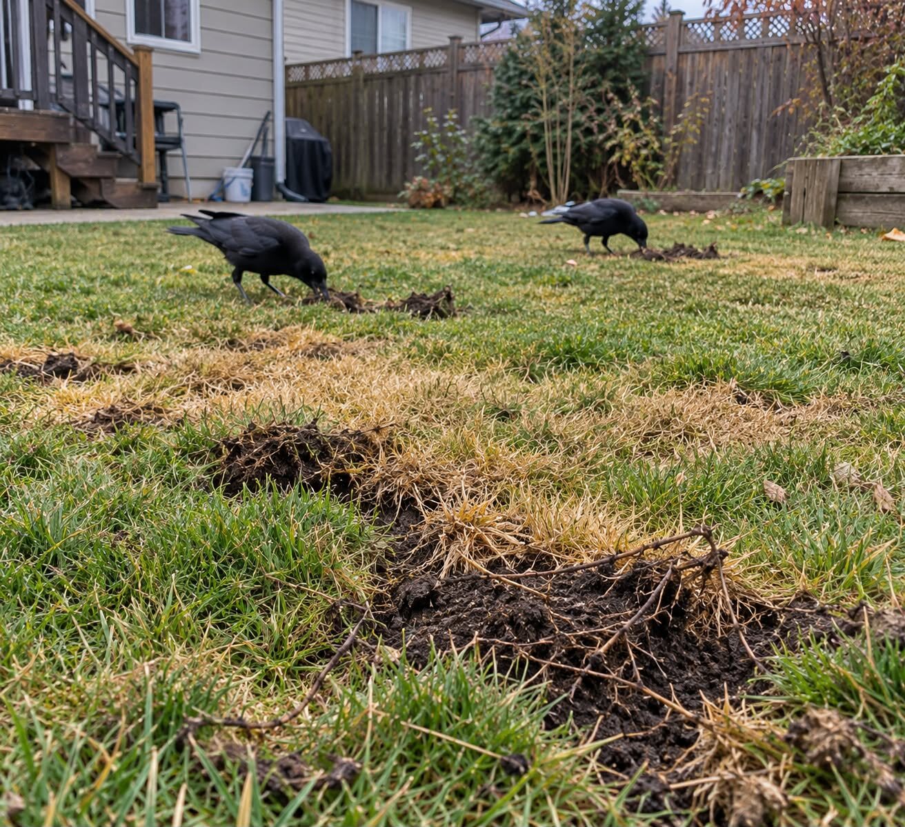 Crows digging up brown, grub-damaged patches of lawn