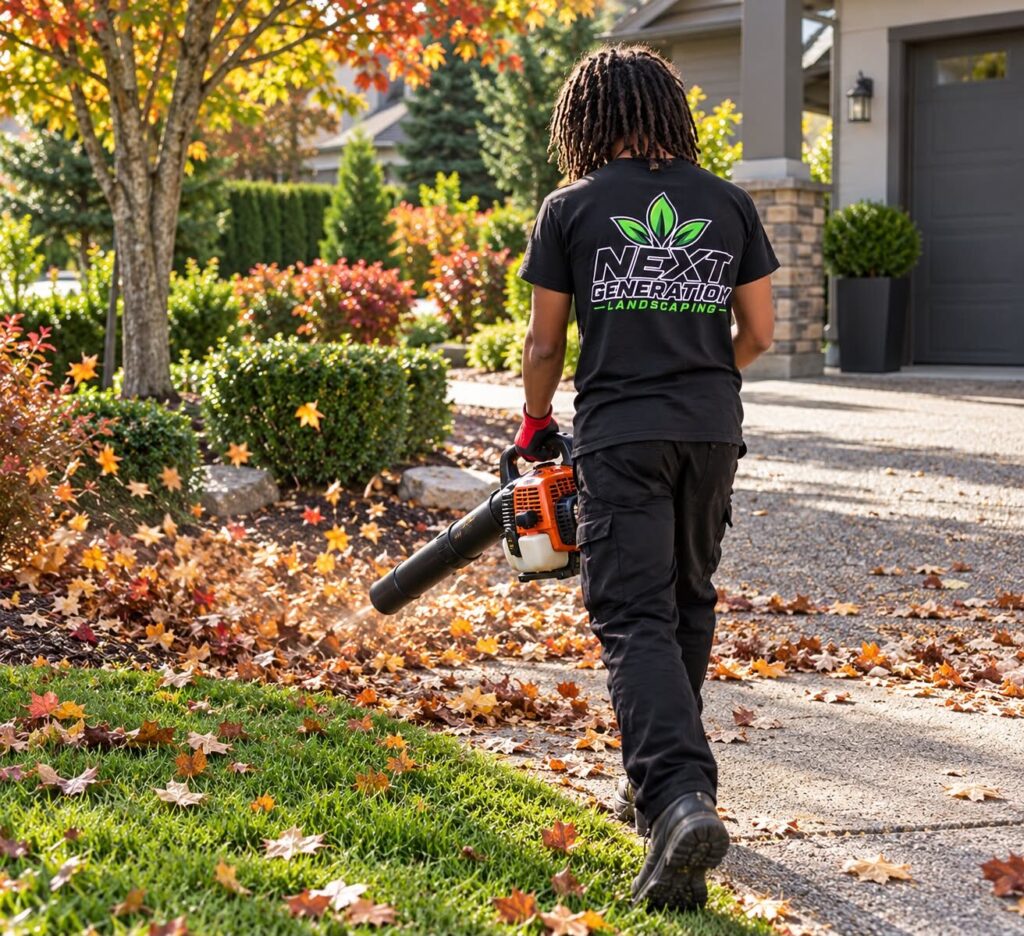 Next Generation Landscaping crew member clearing autumn leaves with a leaf blower