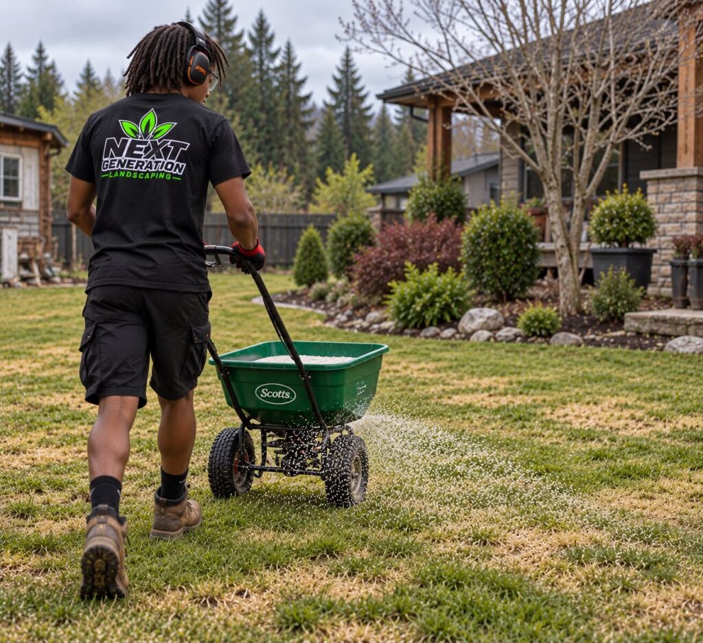 Crew member spreading fertilizer across a lawn with a broadcast spreader