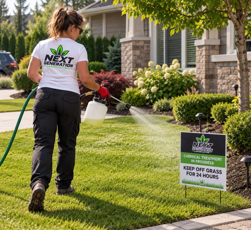 Lawn treatment in progress with a keep-off-the-grass sign