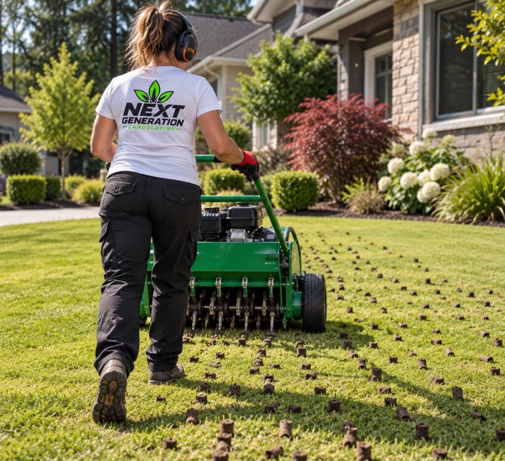 Crew member core aerating a lawn, leaving soil plugs behind
