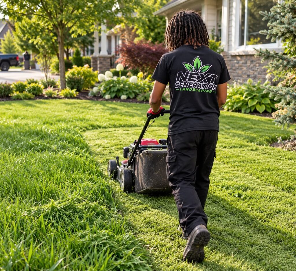 Crew member mowing a lawn with a push mower