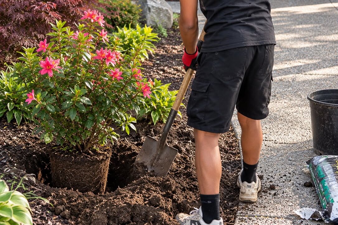 Garden trowel with rich potting soil ready for planting
