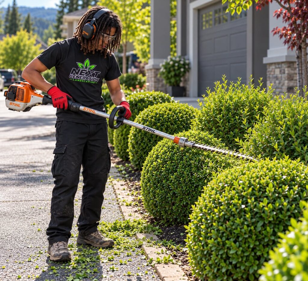 Crew member shaping round shrubs with a hedge trimmer