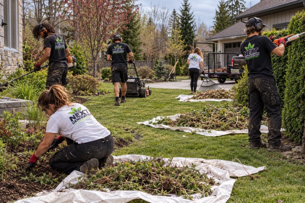Crew raking and clearing yard debris onto tarps during a cleanup