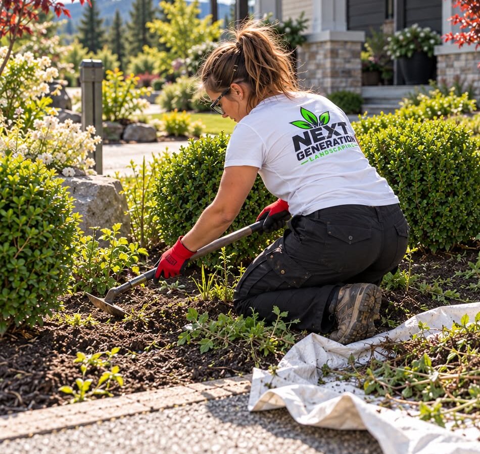 Gardener hoeing weeds in a vegetable bed
